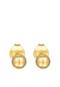 Guldtonede stud øreringe med et rundt, glat design og en reflekterende overflade, samt en subtil lukningsdetalje bagpå.