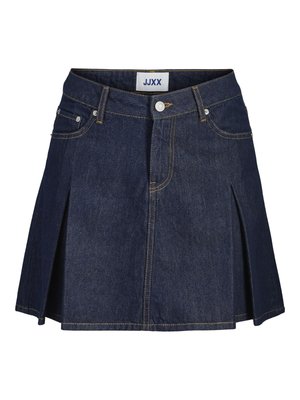 Denim mini skirt in dark blue, featuring a fitted waist, pleated design, contrasting yellow stitching, and front pocket details.