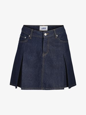 Gonna mini in denim blu scuro, con vita aderente, design plissettato, cuciture gialle a contrasto e dettagli con tasche frontali.