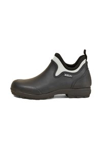 Bottes de cheville en caoutchouc noir avec une finition lisse, accents gris, talon texturé et semelle robuste. Conçues pour résister aux glissades et offrir du confort.
