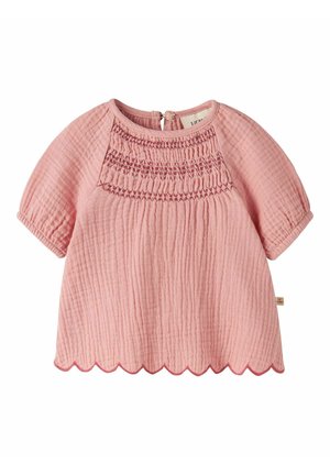 Roza bebi bluza s kratkim rukavima od teksturiranog platna, izvezenim karnerom, zatvaranjem na dugmad straga i valovitim rubom.