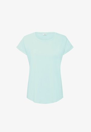 Svijetloplavi majica kratkih rukava s okruglim izrezom, izrađena od mekanog materijala, s opuštenim krojem i zakrivljenim rubom.