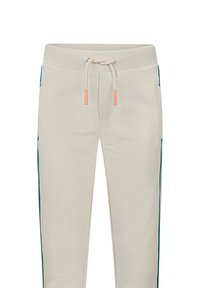 Beige sweatpants met een verstelbare tailleband, voorzien van turquoise zijkanten en oranje accenten op de uiteinden van de trekkoorden. Gladde textuur.
