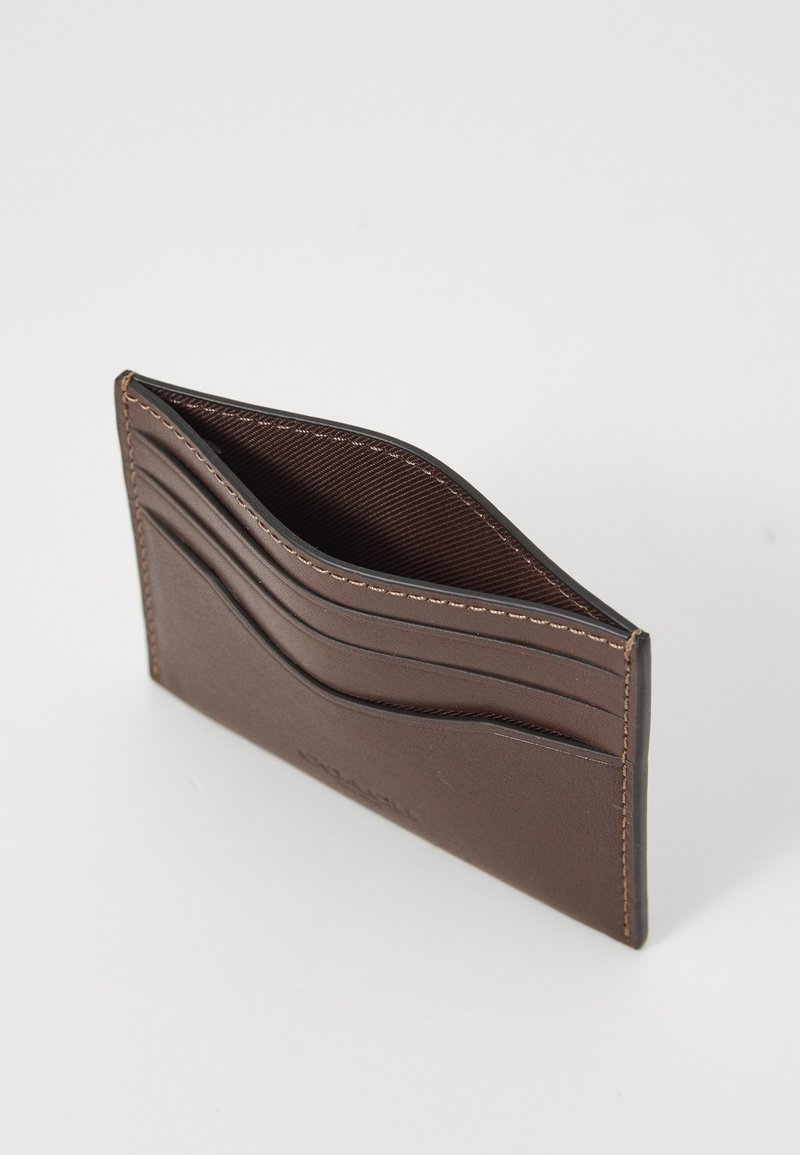 Brown leather cardholder featuring multiple slots, a textured pattern on the front, and contrasting stitching along the edges.
