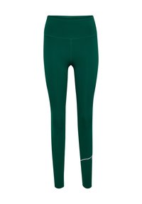 Groene leggings met een hoge tailleband, gemaakt van een gladde, rekbare stof. Kenmerkt zich door een minimalistisch ontwerp en een subtiele witte accent nabij de zoom.
