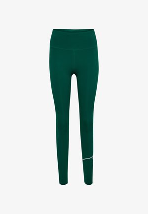 Groene leggings met een hoge tailleband, gemaakt van een gladde, rekbare stof. Kenmerkt zich door een minimalistisch ontwerp en een subtiele witte accent nabij de zoom.