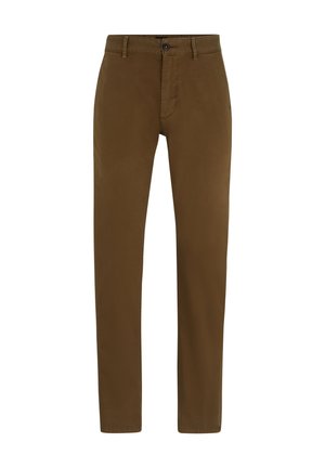 Brune chino bukser med et klassisk lige ben-design, der har en frontlynlås, knaplukning og bæltestropper. Glat bomuldsstof, uden mønstre.