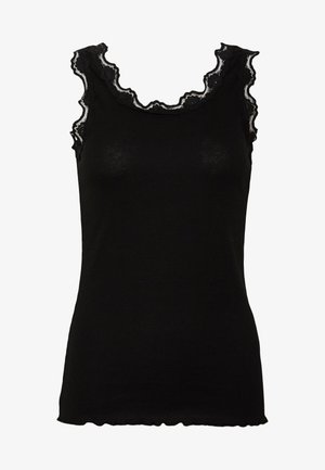 Black tank top with a ribbed texture, featuring scalloped lace trim along the neckline and armholes. Straight hem at the bottom.