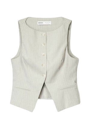 Lys beige ærmeløs vest med lodrette nålestriber, fem knapper foran og to forlommer med slidser, mærket Bershka.