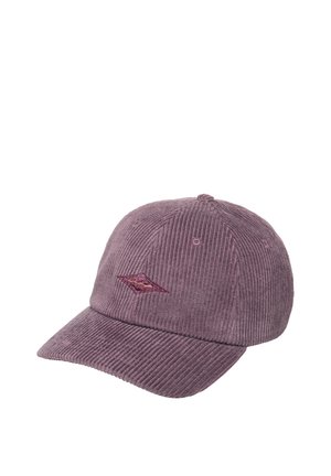 Purple corduroy baseball cap with a small dark red embroidered logo on the front left panel, curved brim, and top button.