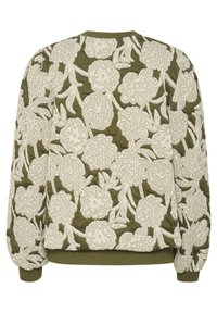 Olivengrüner Sweatshirt mit weißer floralem Stickerei, gerippten Bündchen und Saum, strukturiertem Stoff und lockerer Silhouette.