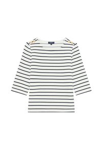 Blusa a righe in crema e blu navy, con maniche a tre quarti, scollatura rotonda e bottoni dorati decorativi sulla spalla.