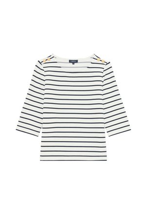 Gestreepte blouse in crm en marineblauw, met driekwart mouwen, een ronde halslijn en decoratieve gouden knopen op de schouder.