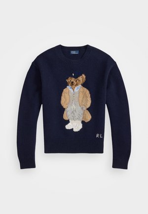 Navy sweater featuring a detailed embroidered bear wearing a tan coat and gray trousers, with ribbed cuffs and a crew neckline.