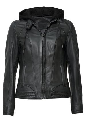 Schwarze Lederjacke mit Reißverschluss vorne, taillierter Form und abnehmbarer schwarzer Kapuze. Sie verfügt über gerippte Akzente und zwei Seitentaschen.