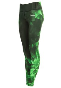 Groene geometrisch patroon leggings gemaakt van rekbare stof, met een hoge tailleband en contrasterende zwarte naden.
