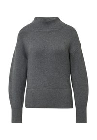 Pull gris en tricot avec un col montant simulé haut, des épaules tombantes et des poignets et un ourlet côtelés. Texture douce avec une couleur unie et un minimum de détails.