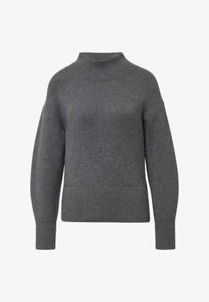 Szary sweter dzianinowy z wysokim półgolfem, opuszczonymi ramionami oraz ściągaczami na mankietach i dole. Miękka faktura, jednolity kolor i minimalistyczne zdobienia.