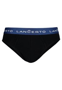 Czarne slipki z niebieskim elastycznym pasem w talii z białym logo 'LANCERTO'. Gładka tekstura i przylegający krój.