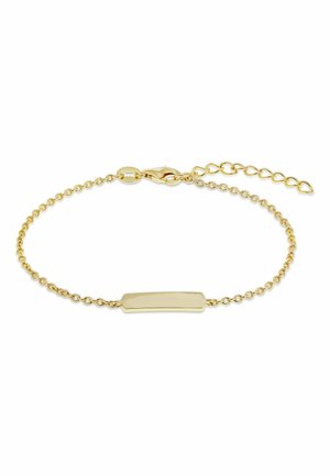 Zartes Goldkettchen-Armband mit verstellbarem Verschluss und einer glatten rechteckigen Platte in der Mitte zum Gravieren.