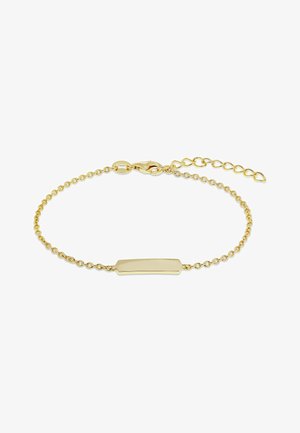 Delicaat gouden schakelarmband met verstelbare sluiting en een glad rechthoekig plaatje in het midden voor graveren.