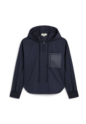 Marineblauwe hoodie met een rits aan de voorkant, elastische manchetten en een patchzak op de borst in een contrasterend materiaal. Gladde textuur, lichtgewicht ontwerp.