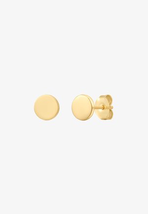 Goldene Ohrstecker mit glattem, rundem Design und polierter Oberfläche. Mit einem Schmetterlingsverschluss für sicheren Halt. Schlichtes und minimalistisches Stil.