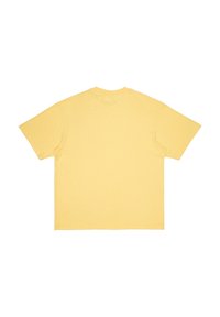 T-shirt in cotone giallo con maniche corte, colletto tondo e una vestibilità rilassata. Nessun motivo o logo visibile sul retro. Texture liscia.