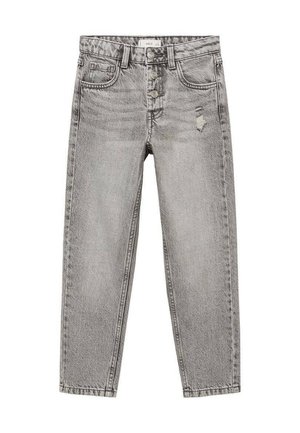 Jean en denim gris taille haute avec braguette à boutons, poches avant, passants pour ceinture et une petite zone usée sur la cuisse droite.