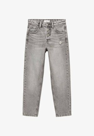 Šedé džíny z denimu s vysokým pasem, zapínáním na knoflíky, předními kapsami, poutky na opasek a malou opranou skvrnou na pravém stehně.