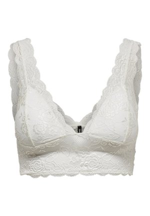 Bralette bianco in pizzo con scollatura e spalline a forma scallop, motivo floreale e banda liscia. Leggero e con una texture trasparente.