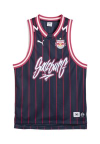 Mørkeblå mesh basketballtrøje med røde lodrette striber, hvid "Salzburg" skrifttype og røde detaljer. Har logo på brystet og i kanten.