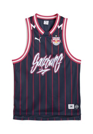 Mørkeblå mesh basketballtrøje med røde lodrette striber, hvid "Salzburg" skrifttype og røde detaljer. Har logo på brystet og i kanten.