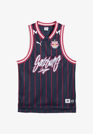 Dunkelblaue Mesh-Basketball-Trikot mit roten Vertikalen Streifen, weißen "Salzburg"-Schriftzug und roten Akzenten. Mit Logo auf der Brust und am Saum.