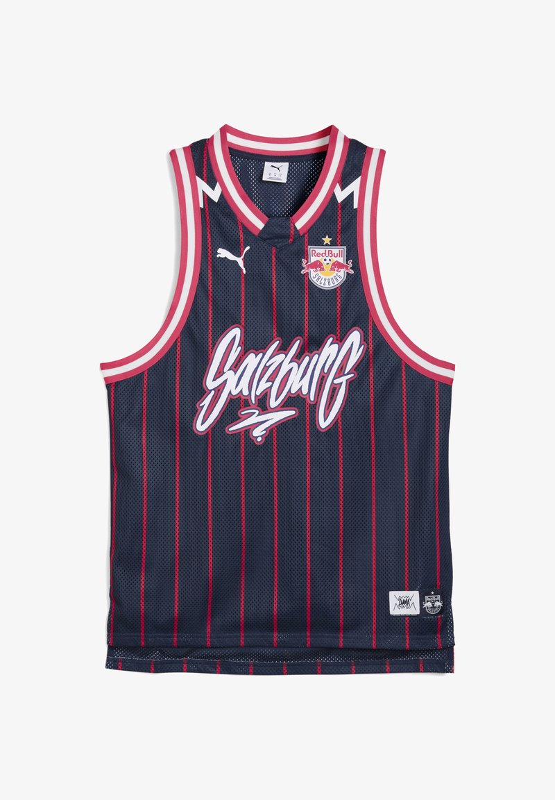 Mörkblå nät-baskettröja med röda vertikala ränder, vit text "Salzburg" och röda detaljer. Har logotyp på bröstet och nederkanten.