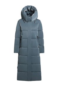 Pikk paksu mantel vaigistatud sinises, millel on kõrge kaelus ja küljetaskud. Valmistatud siledast materjalist, millel on soojustamiseks tõmblukuga mustriga.