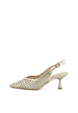 Décolleté con punta a punta, cinturino posteriore, tomaia intrecciata in oro metallizzato e cinturino con fibbia regolabile, con un tacco sottile di media altezza.