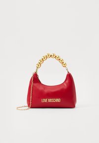 Red leather handbag with a curved shape, featuring a gold bead handle and chain strap, embossed with "LOVE MOSCHINO" in gold lettering.