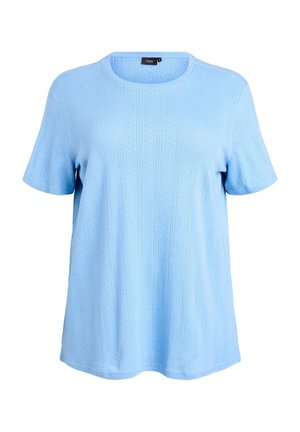 Hellblaues kurzärmeliges Strickoberteil mit subtiler vertikaler Struktur und rundem Ausschnitt.