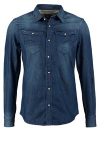 Jeansskjorta, mörkblå, långa ärmar, klassisk krage, två bröstfickor, framknäppning med silverfärgade knappar, avslappnad design.