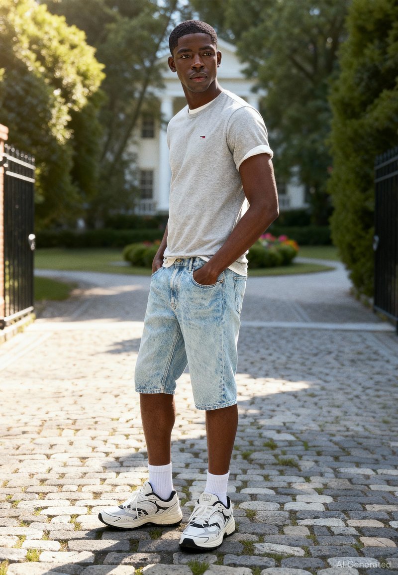Grå t-shirt med korte ærmer, lyseblå denimshorts, hvide ankelstrømper og flerfarvede sneakers; stående på en brostensvej.