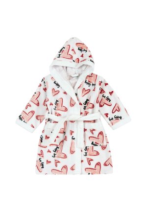 Peignoir blanc à capuche avec motifs de cœurs roses et texte noir "Happy day", avec ceinture et poches avant.