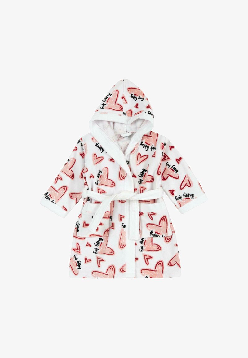 Peignoir blanc à capuche avec motifs de cœurs roses et texte noir "Happy day", avec ceinture et poches avant.