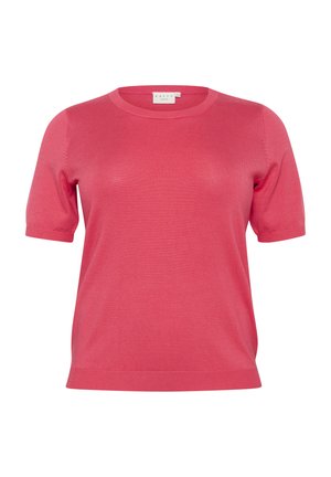 Roze kortemouwen gebreide top met een ronde halslijn, een gladde textuur en geribbelde afwerking bij de mouwen en de zoom.