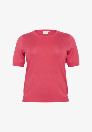 Haut tricot rose à manches courtes avec un col rond, texture lisse et détails côtelés aux poignets et à l'ourlet.