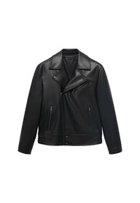 Veste de moto en cuir noir avec un col en V, fermeture éclair asymétrique et deux poches avant zippées. Texture lisse et design ajusté.