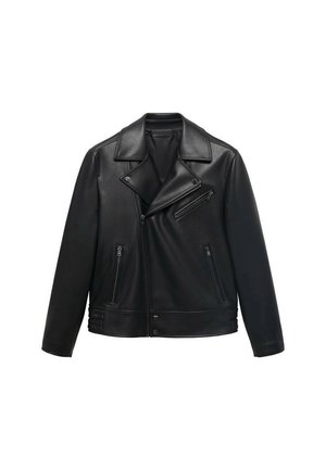 Black leather motorcycle jacket with a notched collar, asymmetrical zip closure, and two zippered front pockets. Smooth texture and fitted design.