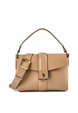 Borsa a mano in pelle beige con manico superiore, tracolla regolabile con fibbia dorata e chiusura centrale dorata con logo a forma di cavallo.