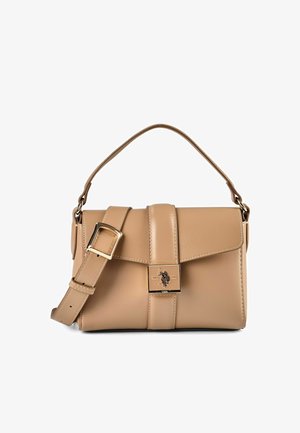 Sac à main en cuir beige avec poignée supérieure, bandoulière ajustable avec boucle en or, et fermoir central en or ornée d'un logo cheval.