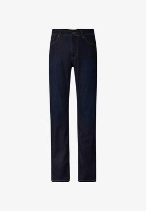 Dark blue straight-leg jeans with front button and zipper closure, five-pocket design, and contrast stitching on a white background.